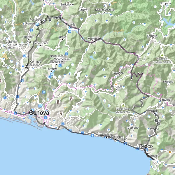 Miniatura della mappa di ispirazione al ciclismo "Percorso ciclistico tra Recco e Genoa" nella regione di Liguria, Italy. Generata da Tarmacs.app, pianificatore di rotte ciclistiche