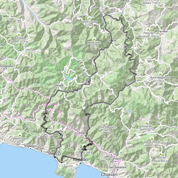 Miniatua del mapa de inspiración ciclista "Desafío alpino desde Recco" en Liguria, Italy. Generado por Tarmacs.app planificador de rutas ciclistas