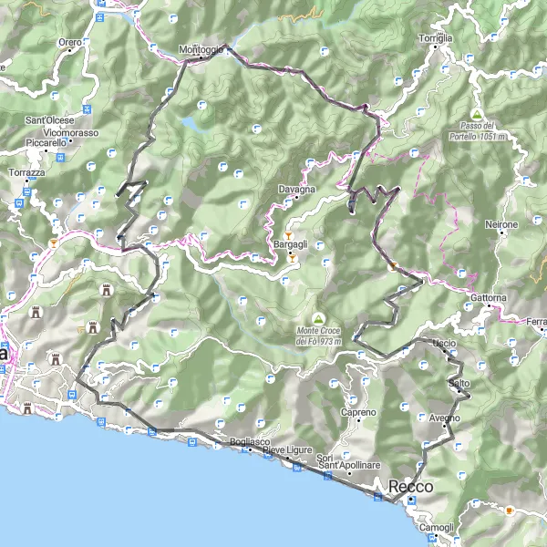 Map miniature of "Road Cycling near Recco: Scenic Excursion" cycling inspiration in Liguria, Italy. Generated by Tarmacs.app cycling route planner