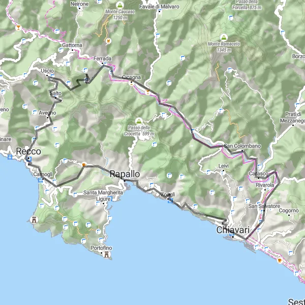 Kartminiatyr av "Kust- och bergsterräng i Ligurien" cykelinspiration i Liguria, Italy. Genererad av Tarmacs.app cykelruttplanerare