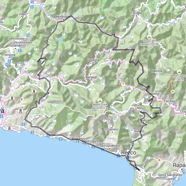 Miniaturní mapa "Kolo kolem Recca - Monte Esoli" inspirace pro cyklisty v oblasti Liguria, Italy. Vytvořeno pomocí plánovače tras Tarmacs.app