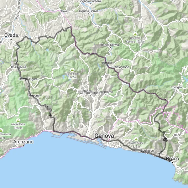 Map miniature of "Recco - Monte Santa Croce Loop" cycling inspiration in Liguria, Italy. Generated by Tarmacs.app cycling route planner