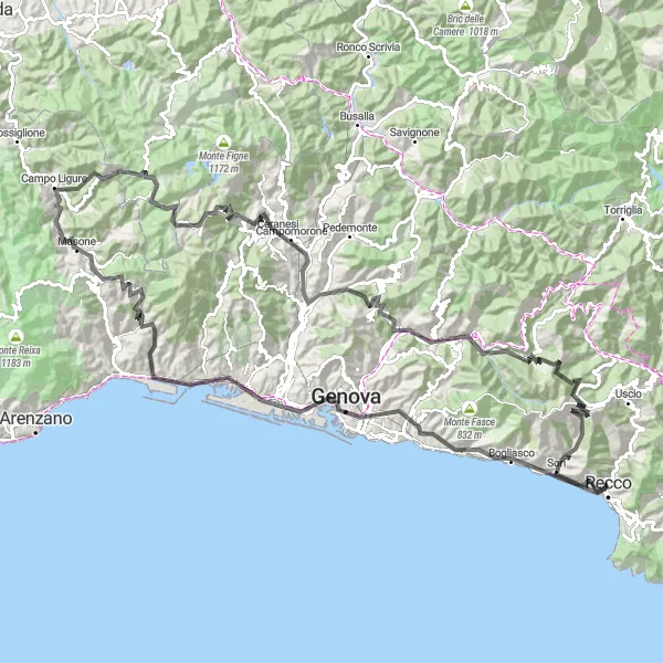 Karttaminiaatyyri "Recco - Monte Santa Croce - Genoa - Passo del Turchino - Campomorone - Sori" pyöräilyinspiraatiosta alueella Liguria, Italy. Luotu Tarmacs.app pyöräilyreittisuunnittelijalla