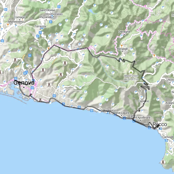 Map miniature of "Recco - Pieve Ligure - Pincasca" cycling inspiration in Liguria, Italy. Generated by Tarmacs.app cycling route planner