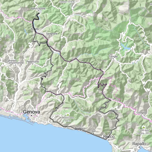 Miniature de la carte de l'inspiration cycliste "Parcours panoramique à travers les montagnes ligures" dans la Liguria, Italy. Générée par le planificateur d'itinéraire cycliste Tarmacs.app