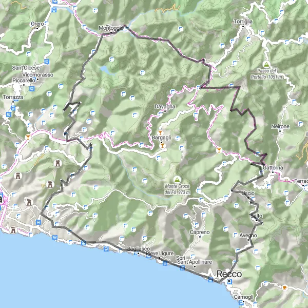 Mapa miniatúra "Cyklistická trasa Recco - Monte Santa Croce - Pieve Ligure - Recco" cyklistická inšpirácia v Liguria, Italy. Vygenerované cyklistickým plánovačom trás Tarmacs.app