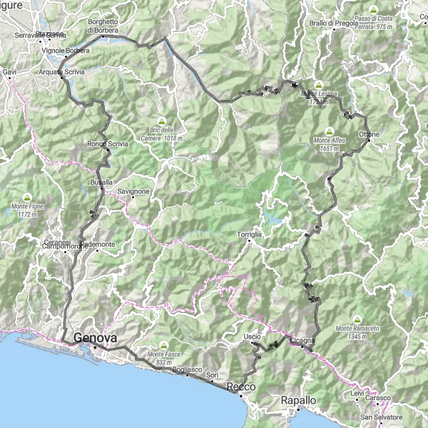 Miniatura della mappa di ispirazione al ciclismo "Cicloturismo tra Bogliasco e Gorreto" nella regione di Liguria, Italy. Generata da Tarmacs.app, pianificatore di rotte ciclistiche