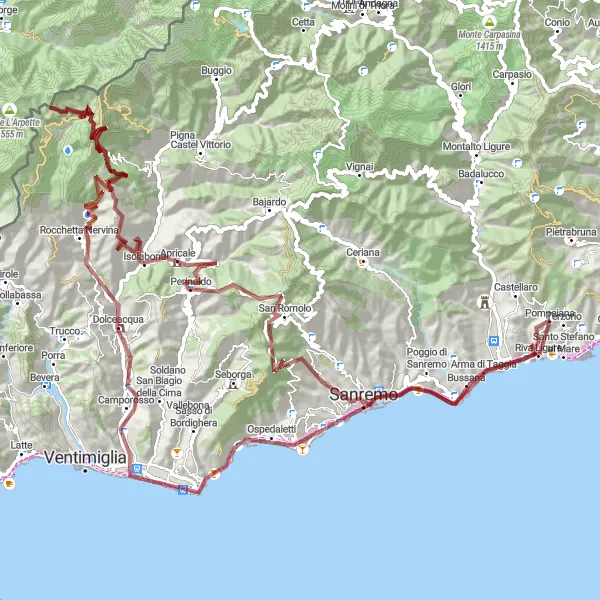 Map miniature of "Gravel Adventure: Discover the Scenic Backroads" cycling inspiration in Liguria, Italy. Generated by Tarmacs.app cycling route planner