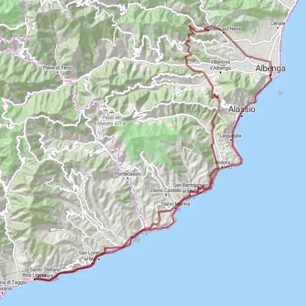 Map miniature of "Exploring Liguria's Backroads: Albenga to Riva Ligure" cycling inspiration in Liguria, Italy. Generated by Tarmacs.app cycling route planner