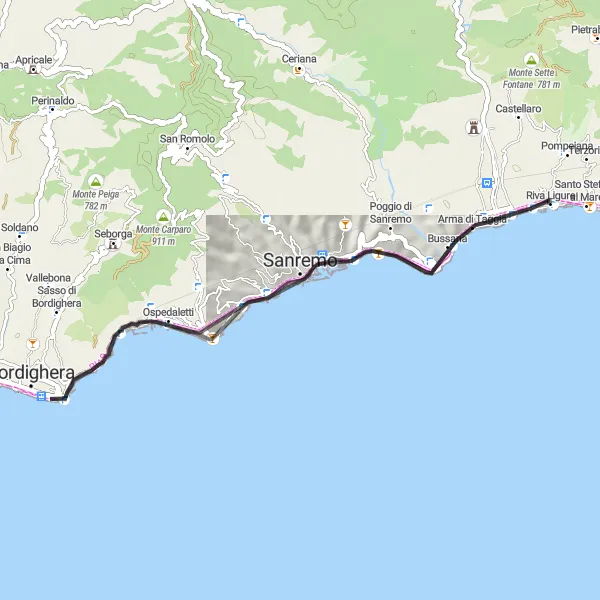 Karten-Miniaturansicht der Radinspiration "Sanremo und Umgebung" in Liguria, Italy. Erstellt vom Tarmacs.app-Routenplaner für Radtouren