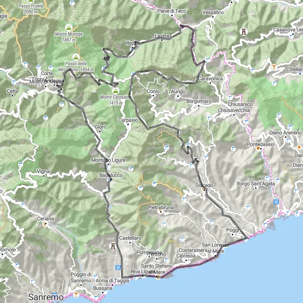 Map miniature of "Adrenaline at Monte Grange: Challenging Road Cycling Route" cycling inspiration in Liguria, Italy. Generated by Tarmacs.app cycling route planner
