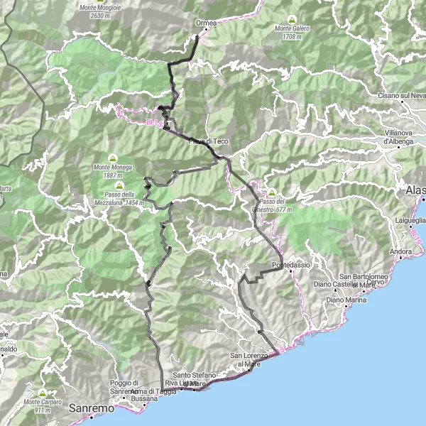 Miniatua del mapa de inspiración ciclista "Riva Ligure - Monte Grange - Santo Stefano al Mare" en Liguria, Italy. Generado por Tarmacs.app planificador de rutas ciclistas