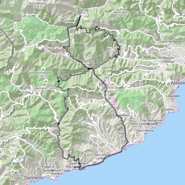 Karttaminiaatyyri "Kulttuuria ja maisemia vuoristoissa" pyöräilyinspiraatiosta alueella Liguria, Italy. Luotu Tarmacs.app pyöräilyreittisuunnittelijalla