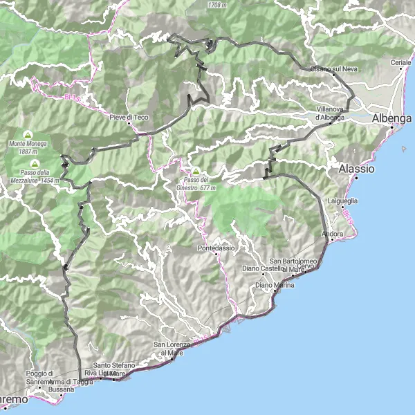 Miniatua del mapa de inspiración ciclista "Desafío en Monte Grange" en Liguria, Italy. Generado por Tarmacs.app planificador de rutas ciclistas