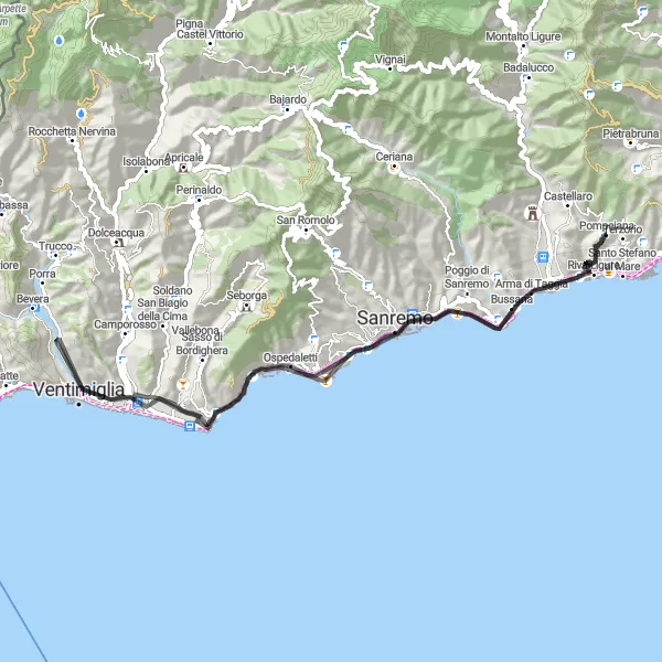 Kartminiatyr av "Kustnära cykeltur med vägcykel" cykelinspiration i Liguria, Italy. Genererad av Tarmacs.app cykelruttplanerare