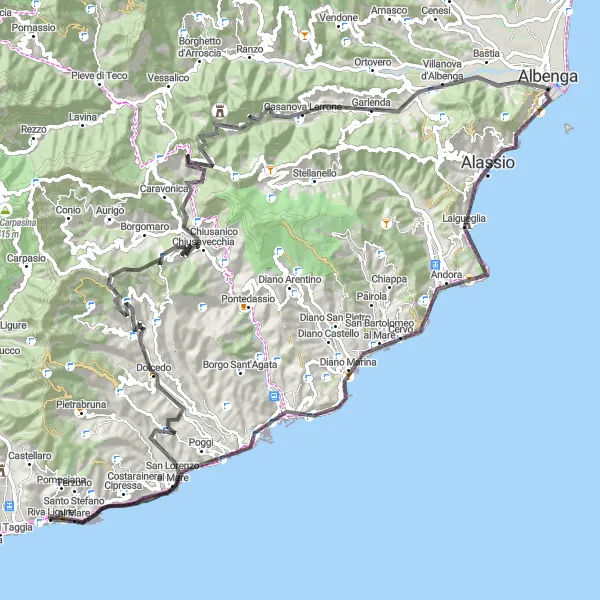 Karttaminiaatyyri "Trans-Ligurian road challenge" pyöräilyinspiraatiosta alueella Liguria, Italy. Luotu Tarmacs.app pyöräilyreittisuunnittelijalla