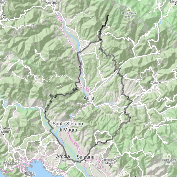 Mapa miniatúra "Kráľovská trasa po okolí Romito Magra" cyklistická inšpirácia v Liguria, Italy. Vygenerované cyklistickým plánovačom trás Tarmacs.app