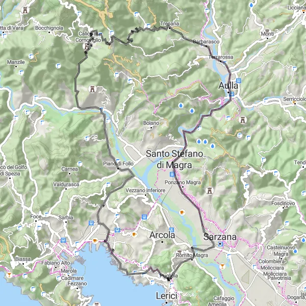 Karten-Miniaturansicht der Radinspiration "Die ländliche Entdeckungstour" in Liguria, Italy. Erstellt vom Tarmacs.app-Routenplaner für Radtouren