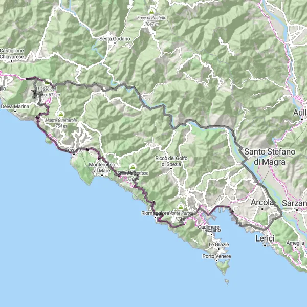 Mapa miniatúra "Road Cycling Tour from Romito Magra" cyklistická inšpirácia v Liguria, Italy. Vygenerované cyklistickým plánovačom trás Tarmacs.app