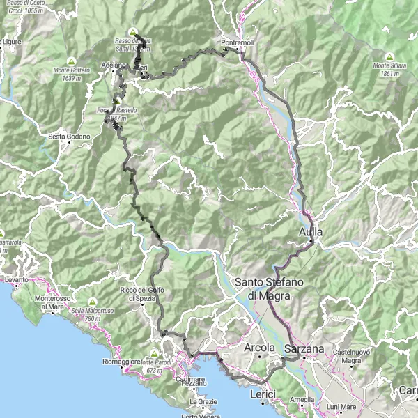 Kartminiatyr av "Sjarmerende sykkelrute fra Romito Magra" sykkelinspirasjon i Liguria, Italy. Generert av Tarmacs.app sykkelrutoplanlegger