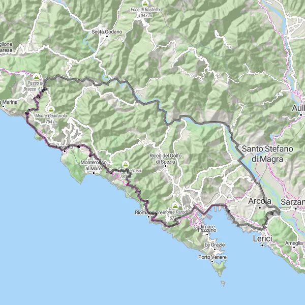 Kartminiatyr av "Kystvei og fjellstier" sykkelinspirasjon i Liguria, Italy. Generert av Tarmacs.app sykkelrutoplanlegger