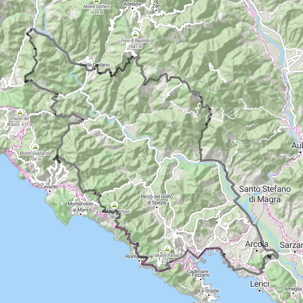 Karttaminiaatyyri "Ligurian hills and mountains road tour" pyöräilyinspiraatiosta alueella Liguria, Italy. Luotu Tarmacs.app pyöräilyreittisuunnittelijalla