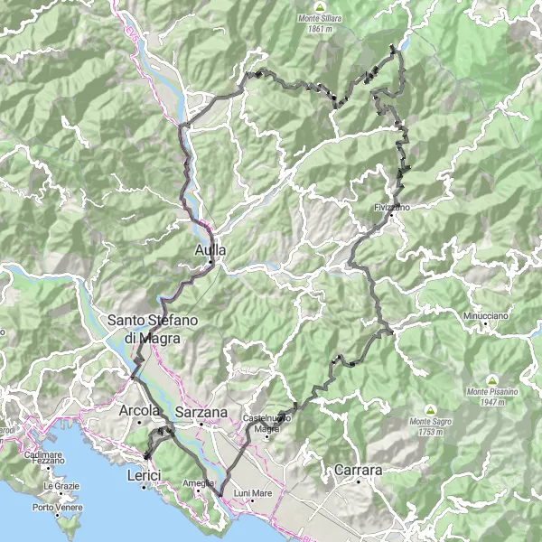 Map miniature of "The Enchanting Lunigiana" cycling inspiration in Liguria, Italy. Generated by Tarmacs.app cycling route planner