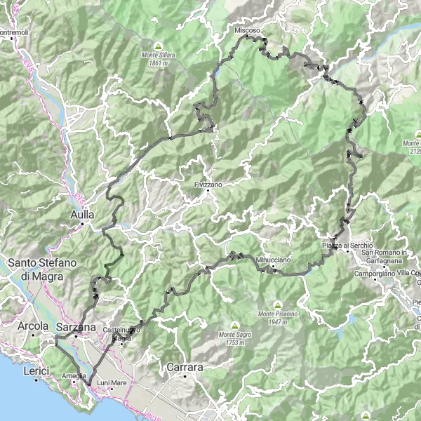 Kartminiatyr av "Utmanande bergsrutt i Ligurien" cykelinspiration i Liguria, Italy. Genererad av Tarmacs.app cykelruttplanerare