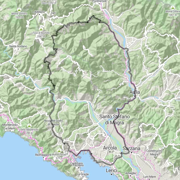 Zemljevid v pomanjšavi "Raziskovanje hribov Ligurije" kolesarske inspiracije v Liguria, Italy. Generirano z načrtovalcem kolesarskih poti Tarmacs.app