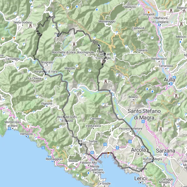 Kartminiatyr av "Romito Magra - Calice al Cornoviglio Loop" sykkelinspirasjon i Liguria, Italy. Generert av Tarmacs.app sykkelrutoplanlegger