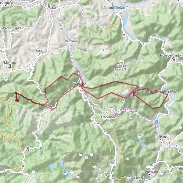 Miniaturní mapa "Gravelová cyklotrasa poblíž Ronco Scrivia" inspirace pro cyklisty v oblasti Liguria, Italy. Vytvořeno pomocí plánovače tras Tarmacs.app