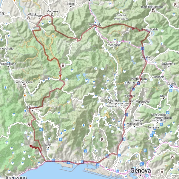Map miniature of "Round-Trip Gravel Cycling Route from Ronco Scrivia" cycling inspiration in Liguria, Italy. Generated by Tarmacs.app cycling route planner