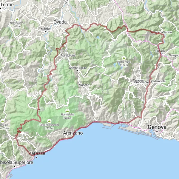 Miniatura della mappa di ispirazione al ciclismo "Avventura in Gravel tra Ronco Scrivia e Belforte Monferrato" nella regione di Liguria, Italy. Generata da Tarmacs.app, pianificatore di rotte ciclistiche