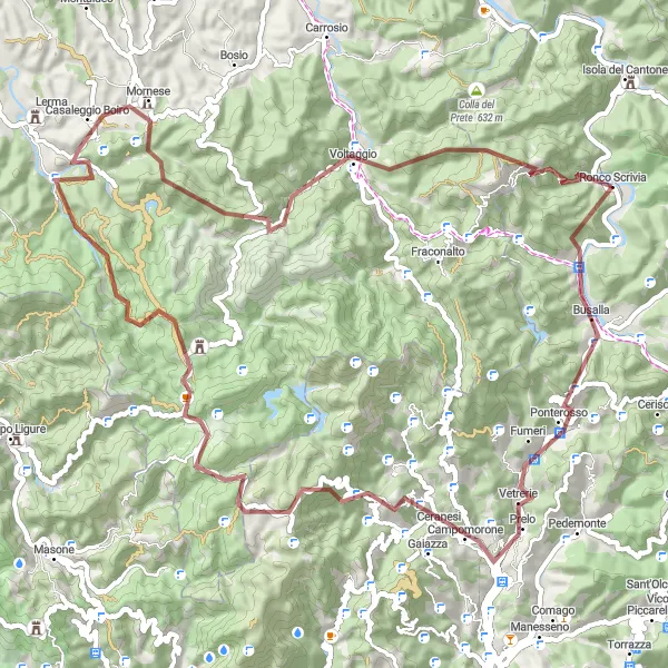 Kartminiatyr av "Ronco Scrivia til Mornese via Capanne di Marcarolo" sykkelinspirasjon i Liguria, Italy. Generert av Tarmacs.app sykkelrutoplanlegger