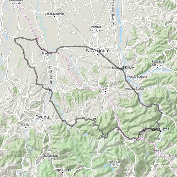Map miniature of "Road Cycling Expedition to Novi Ligure" cycling inspiration in Liguria, Italy. Generated by Tarmacs.app cycling route planner