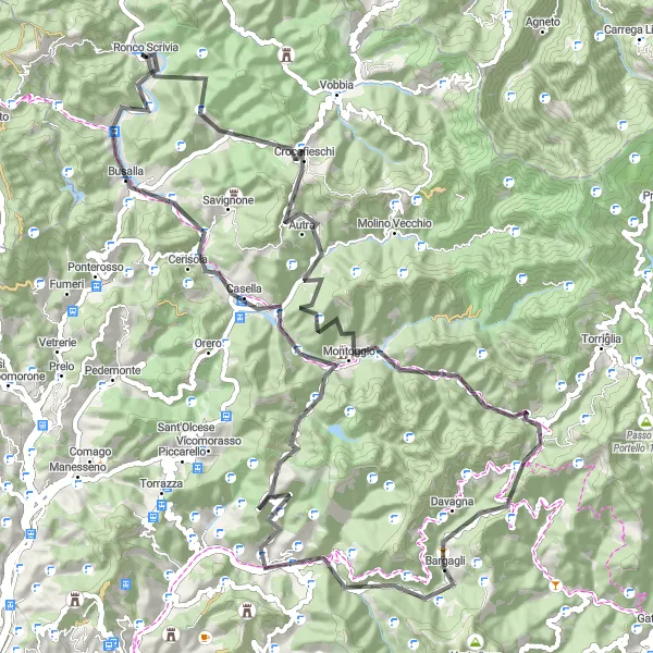 Miniaturní mapa "Cyklotrasa blízko Ronco Scrivia" inspirace pro cyklisty v oblasti Liguria, Italy. Vytvořeno pomocí plánovače tras Tarmacs.app