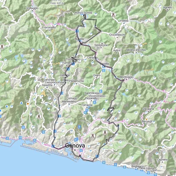 Kartminiatyr av "Lunga sträckan till Ronco Scrivia" cykelinspiration i Liguria, Italy. Genererad av Tarmacs.app cykelruttplanerare