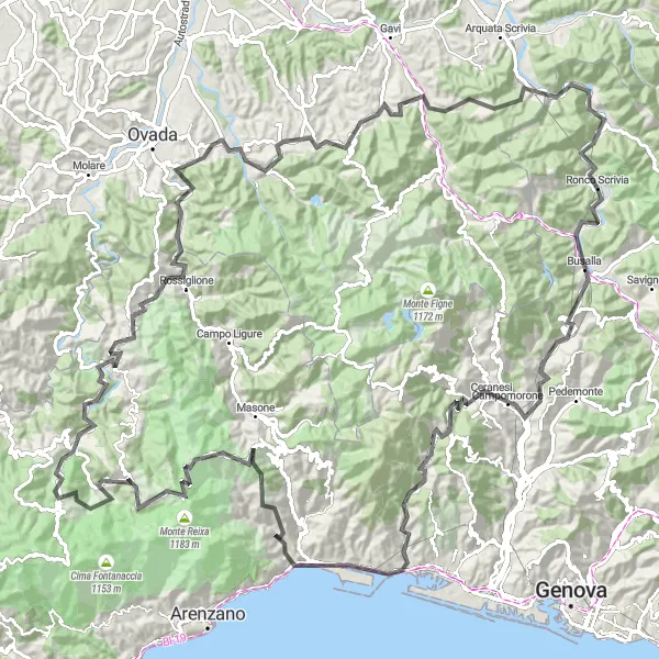 Miniatua del mapa de inspiración ciclista "Ruta de ciclismo de carretera Busalla-Voltri-Rocca Lucco-Tiglieto-Rossiglione-Isola del Cantone" en Liguria, Italy. Generado por Tarmacs.app planificador de rutas ciclistas