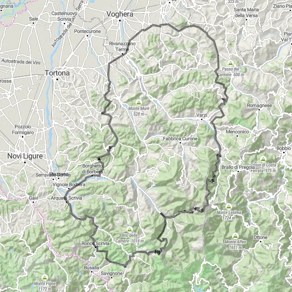 Miniatura della mappa di ispirazione al ciclismo "Giro in bici verso Monte Castellaro e Monte Barbera" nella regione di Liguria, Italy. Generata da Tarmacs.app, pianificatore di rotte ciclistiche