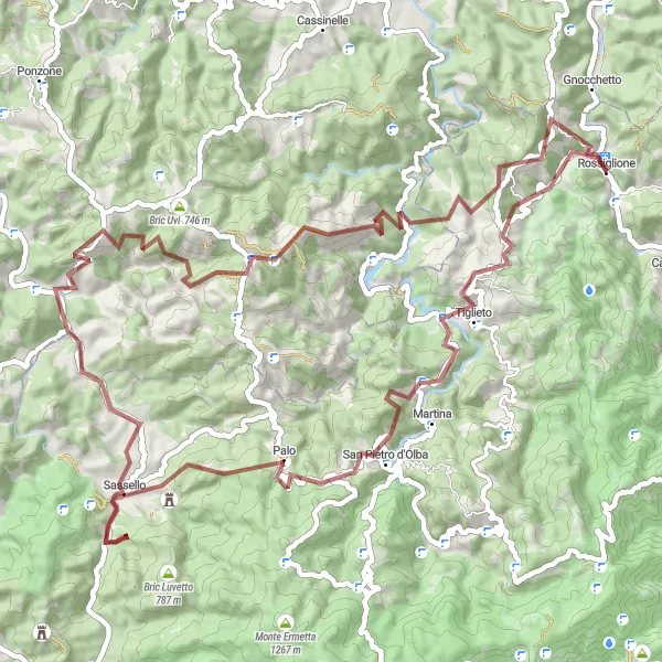 Karttaminiaatyyri "Rossiglionen ympäripyöräilyreitti" pyöräilyinspiraatiosta alueella Liguria, Italy. Luotu Tarmacs.app pyöräilyreittisuunnittelijalla