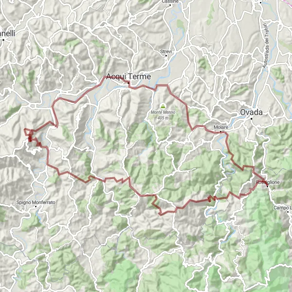 Miniaturní mapa "Náročná gravelová trasa kolem Monte Stregone" inspirace pro cyklisty v oblasti Liguria, Italy. Vytvořeno pomocí plánovače tras Tarmacs.app