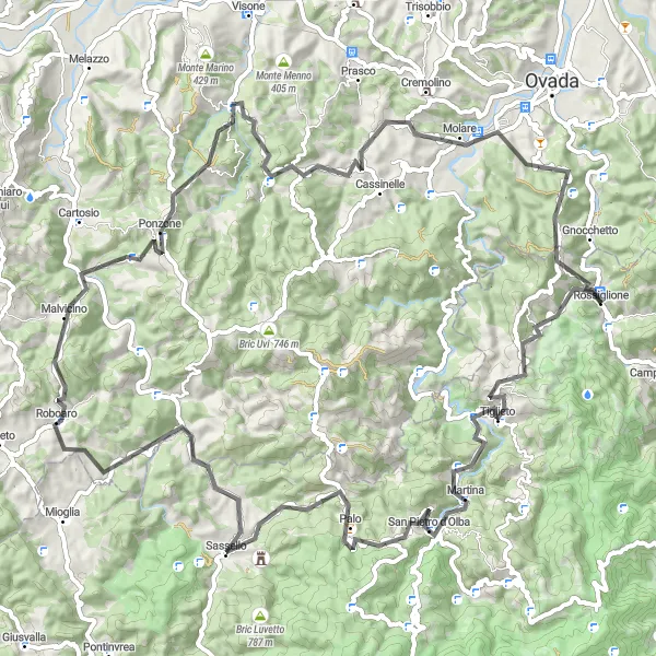 Zemljevid v pomanjšavi "Cestno kolesarjenje do Rossiglione" kolesarske inspiracije v Liguria, Italy. Generirano z načrtovalcem kolesarskih poti Tarmacs.app