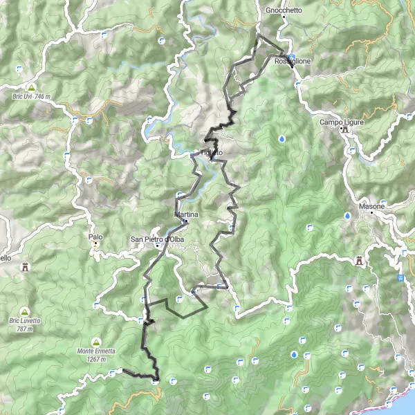 Map miniature of "Picturesque Road Cycling Loop Starting Near Rossiglione" cycling inspiration in Liguria, Italy. Generated by Tarmacs.app cycling route planner
