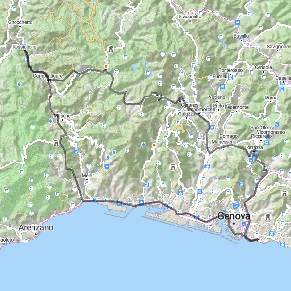 Miniaturní mapa "Cyklistická trasa Campo Ligure - Monte la Torre" inspirace pro cyklisty v oblasti Liguria, Italy. Vytvořeno pomocí plánovače tras Tarmacs.app