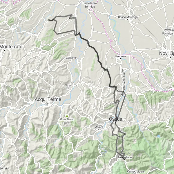 Miniatura della mappa di ispirazione al ciclismo "Giro in bicicletta fino all'Alta Val Bormida" nella regione di Liguria, Italy. Generata da Tarmacs.app, pianificatore di rotte ciclistiche