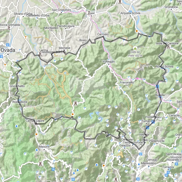Miniatura della mappa di ispirazione al ciclismo "Tour tra le Langhe e la Riviera Ligure" nella regione di Liguria, Italy. Generata da Tarmacs.app, pianificatore di rotte ciclistiche
