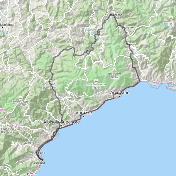 Miniature de la carte de l'inspiration cycliste "Boucle des Collines Ligures" dans la Liguria, Italy. Générée par le planificateur d'itinéraire cycliste Tarmacs.app