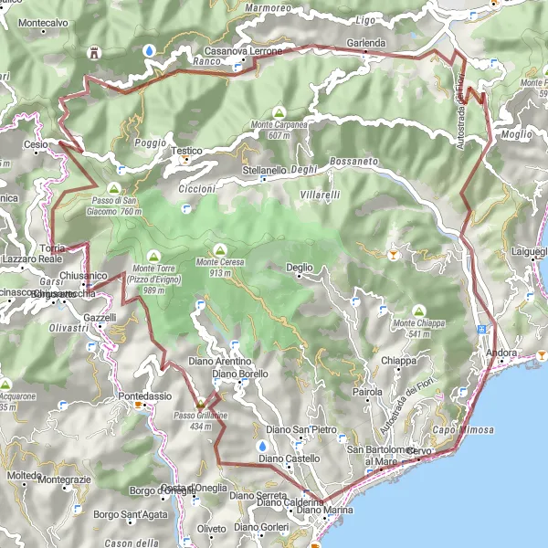 Map miniature of "Gravel Adventure to Andora" cycling inspiration in Liguria, Italy. Generated by Tarmacs.app cycling route planner