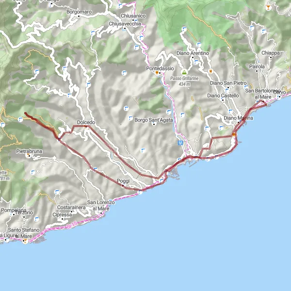 Map miniature of "Scenic Gravel Ride to Diano Marina" cycling inspiration in Liguria, Italy. Generated by Tarmacs.app cycling route planner