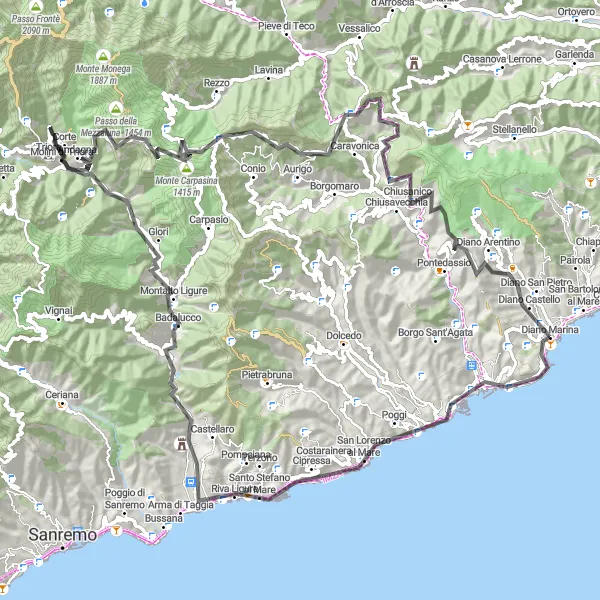 Mapa miniatúra "Road Adventure to Triora" cyklistická inšpirácia v Liguria, Italy. Vygenerované cyklistickým plánovačom trás Tarmacs.app